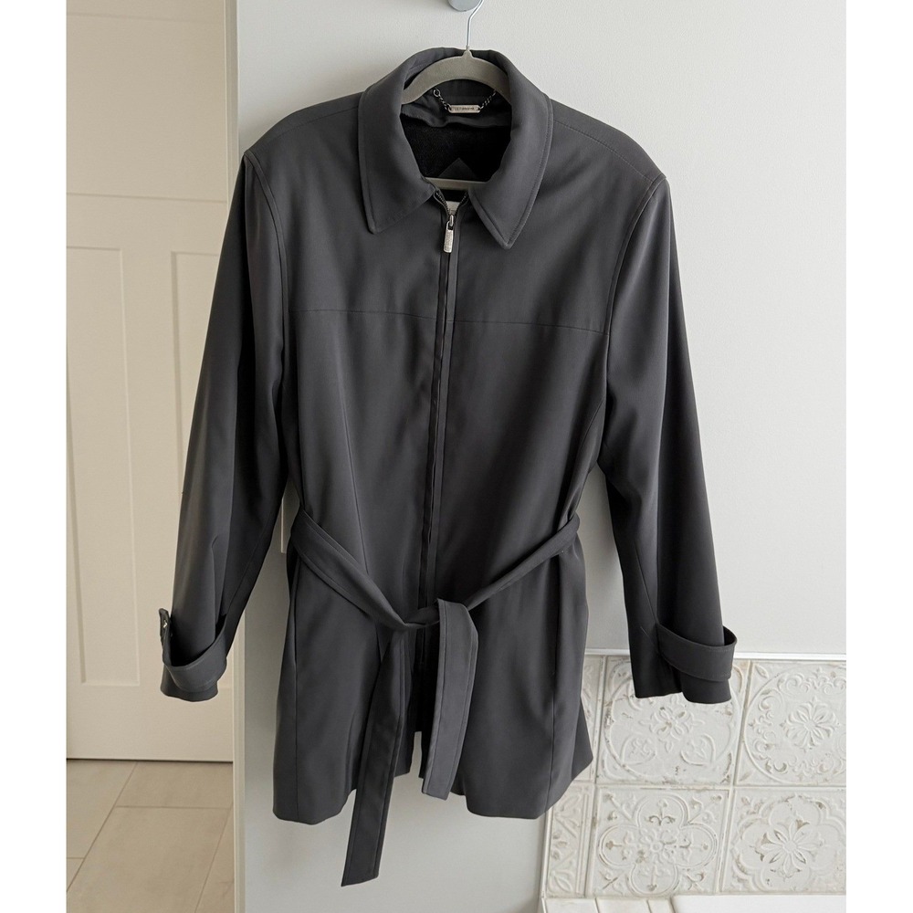 Liz Claiborne Womens Gray Zip Front Belted Jacket Wool Blend Liner Charcoal L